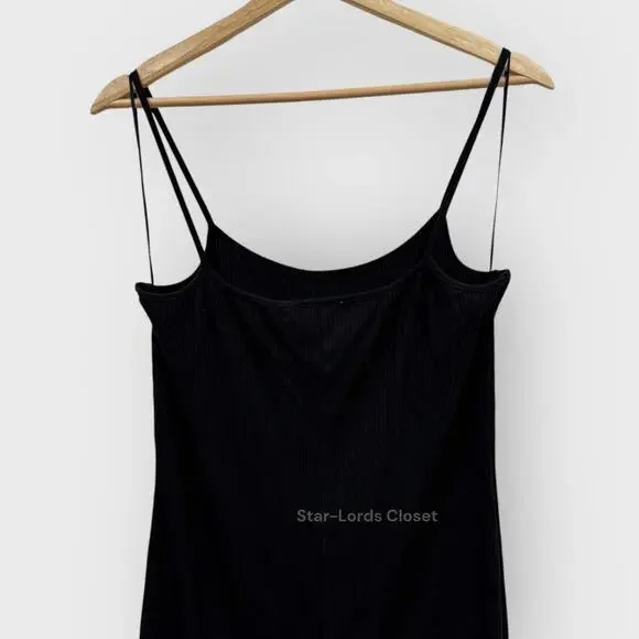 Womens L Black Ribbed Knit Midi Dress Scoop Neck Sleeveless Bodycon Quiet Luxury - Picture 7 of 8